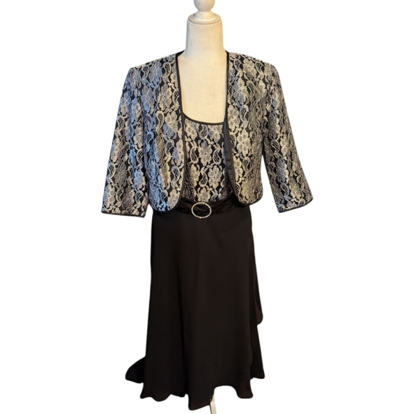 Le Bos Black/Silver Belted High-Low Fit Flare Dress With Short Jacket Sz 10 - Picture 11 of 13